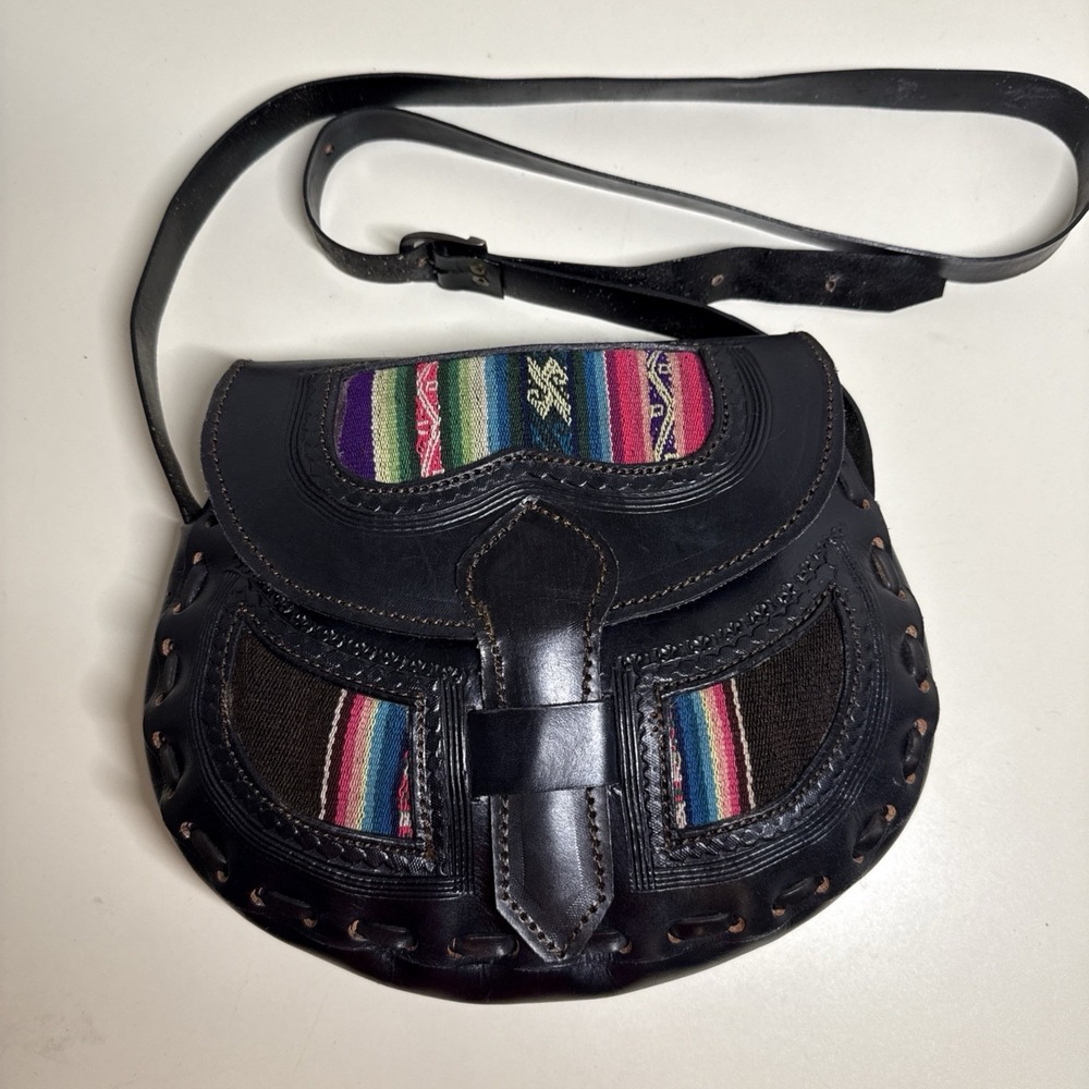 Leather Handmade Peruvian Bag Crossbody Handcrafted Serape Boho Black Leather